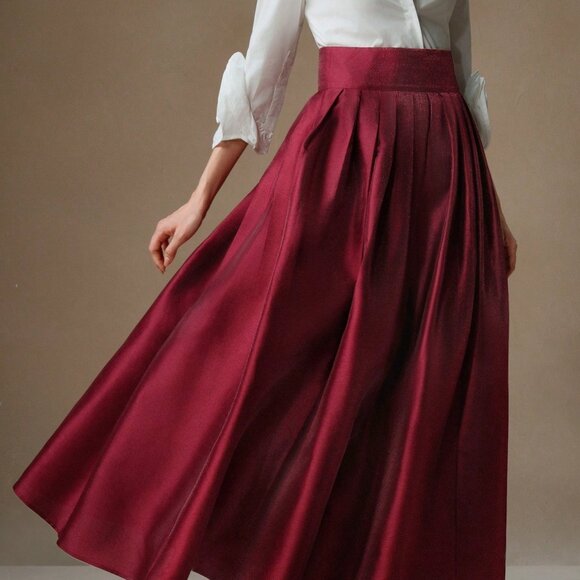 Burgundy Elegant Women's High Waisted Puff Princess Style Skirt Maxi - Picture 5 of 7